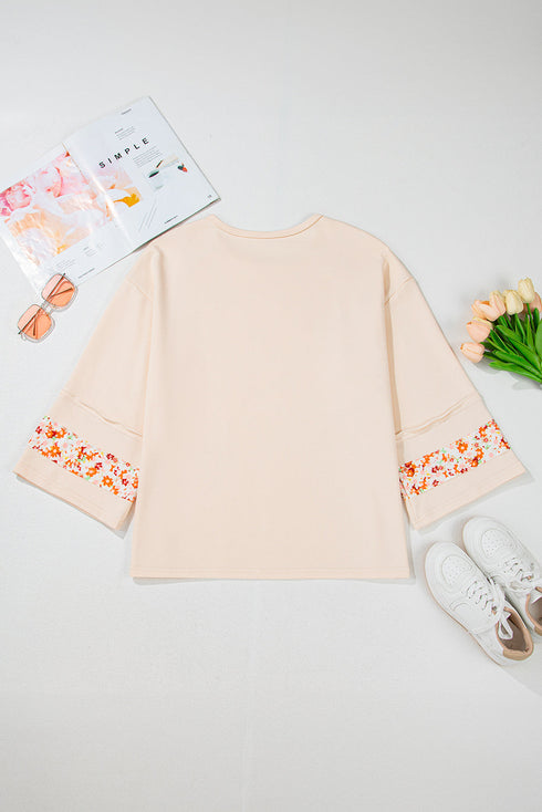 Western Floral Applique Patchwork Side Slit Crewneck Top