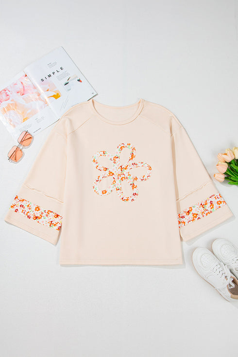 Western Floral Applique Patchwork Side Slit Crewneck Top