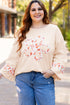 Western Floral Applique Patchwork Side Slit Crewneck Top