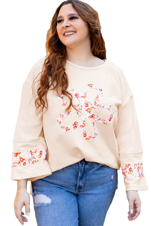 Western Floral Applique Patchwork Side Slit Crewneck Top