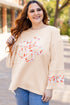 Western Floral Applique Patchwork Side Slit Crewneck Top