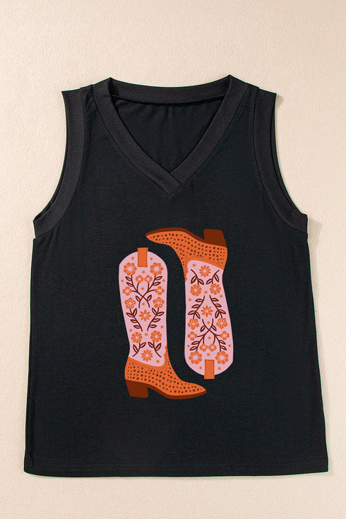 Western Floral Boot Graphic Ribbed V Neck Tank Top