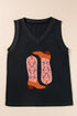 Western Floral Boot Graphic Ribbed V Neck Tank Top