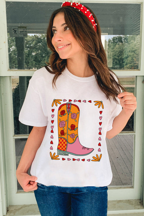 Western Floral Boots Graphic Print Short Sleeve Tee