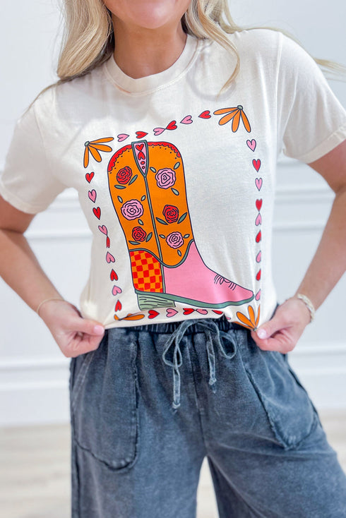 Western Floral Boots Graphic Print Short Sleeve Tee