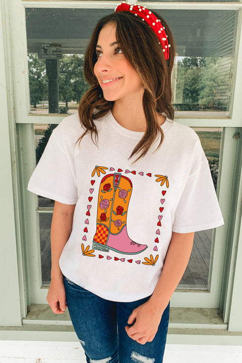 Western Floral Boots Graphic Print Short Sleeve Tee