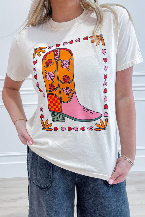 Western Floral Boots Graphic Print Short Sleeve Tee
