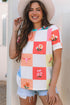 Western Floral Checkerboard Print Short Sleeve Tee
