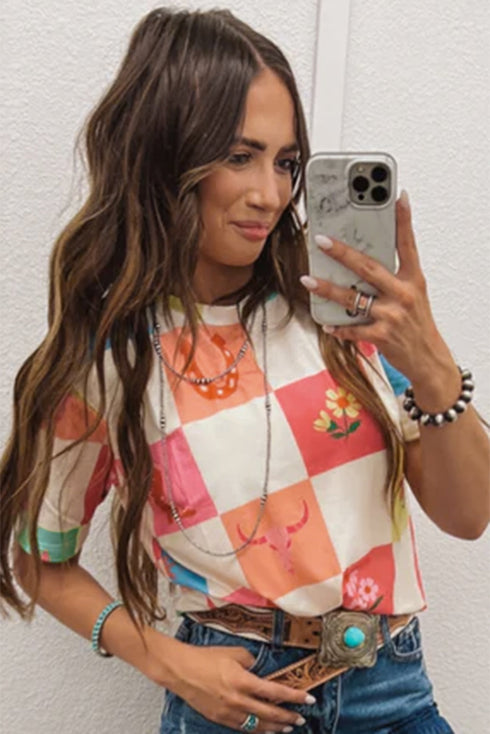 Western Floral Checkerboard Print Short Sleeve Tee