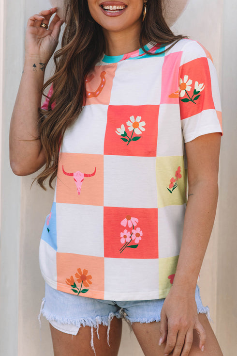 Western Floral Checkerboard Print Short Sleeve Tee