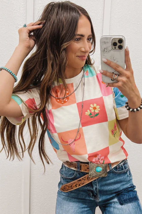 Western Floral Checkerboard Print Short Sleeve Tee