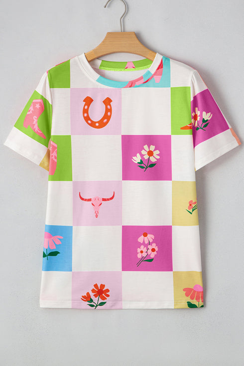 Western Floral Checkerboard Print Short Sleeve Tee