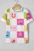 Western Floral Checkerboard Print Short Sleeve Tee
