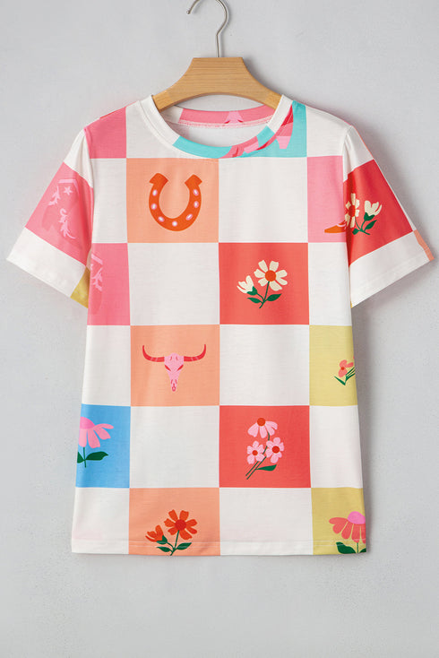 Western Floral Checkerboard Print Short Sleeve Tee