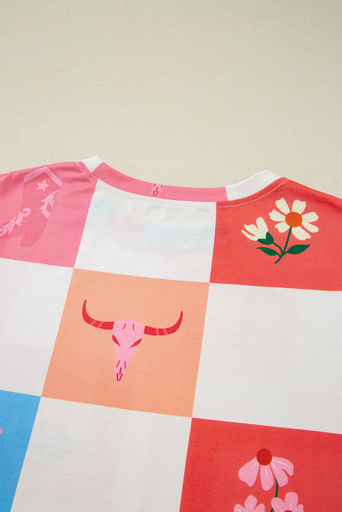 Western Floral Checkerboard Print Short Sleeve Tee