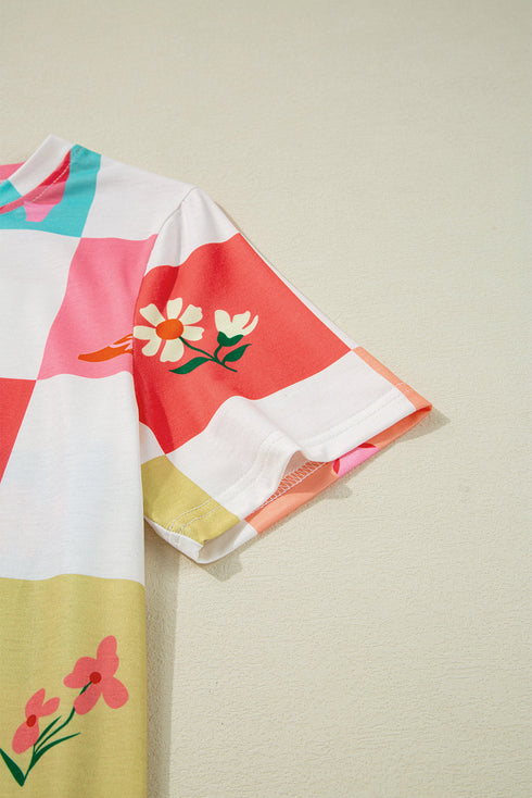 Western Floral Checkerboard Print Short Sleeve Tee