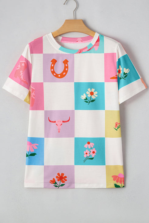 Western Floral Checkerboard Print Short Sleeve Tee