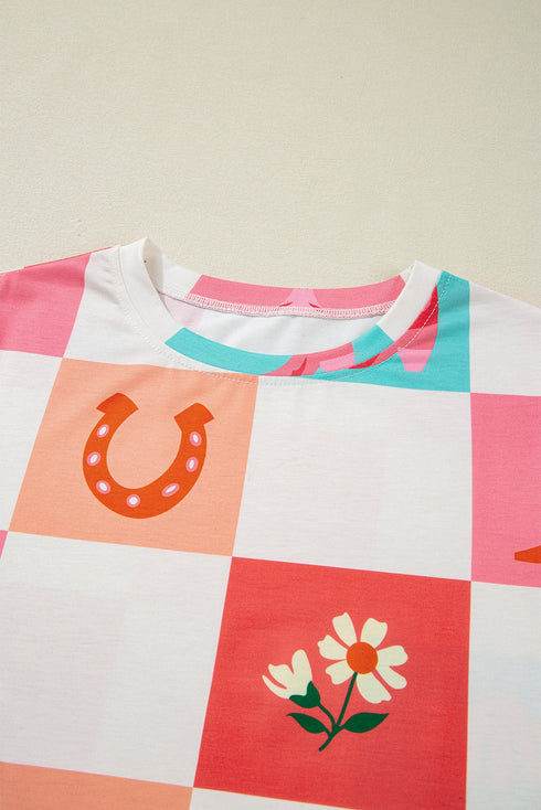 Western Floral Checkerboard Print Short Sleeve Tee