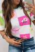 Western Floral Checkerboard Print Short Sleeve Tee