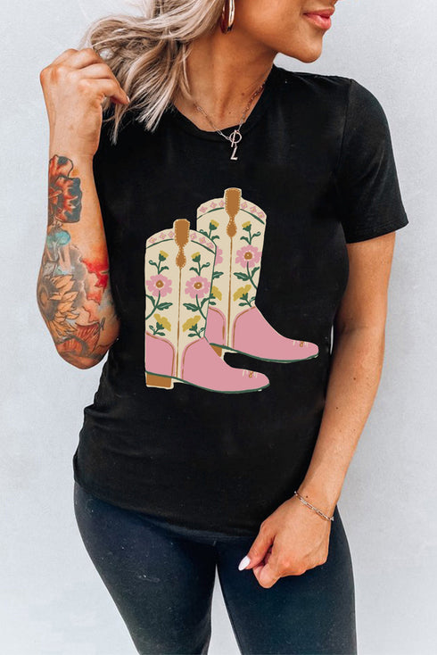 Western Floral Cowgirl Boots Print Short Sleeve Graphic Tee