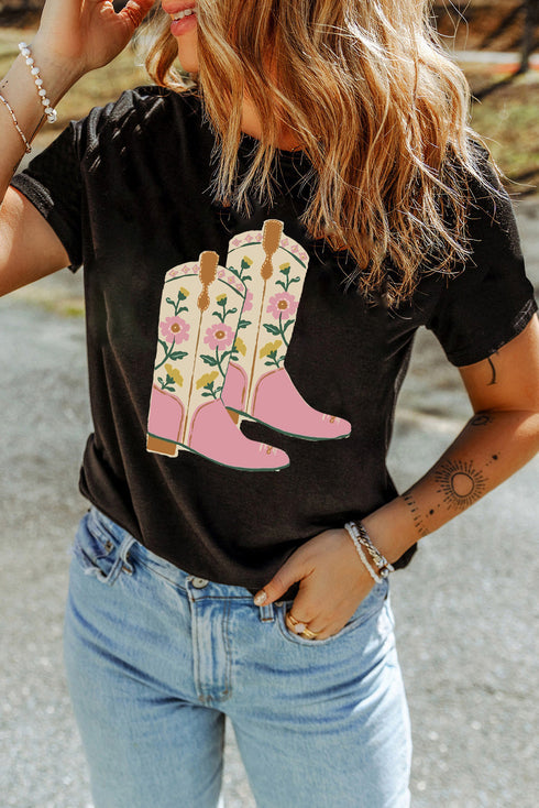 Western Floral Cowgirl Boots Print Short Sleeve Graphic Tee