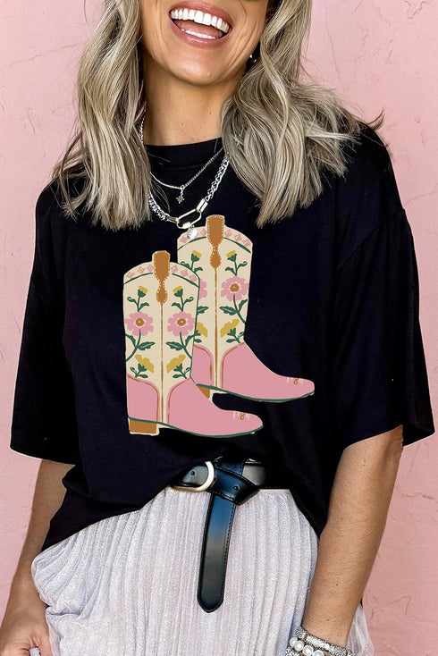 Western Floral Cowgirl Boots Print Short Sleeve Graphic Tee