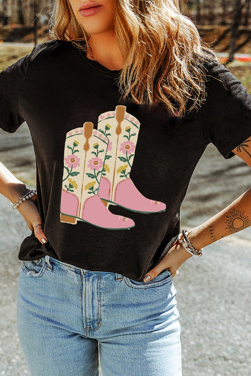 Western Floral Cowgirl Boots Print Short Sleeve Graphic Tee