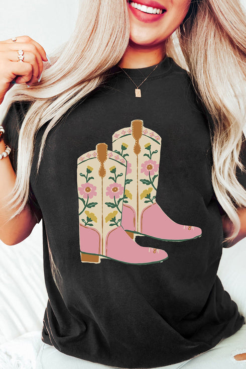 Western Floral Cowgirl Boots Print Short Sleeve Graphic Tee