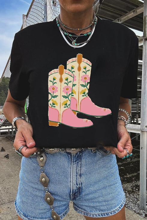 Western Floral Cowgirl Boots Print Short Sleeve Graphic Tee