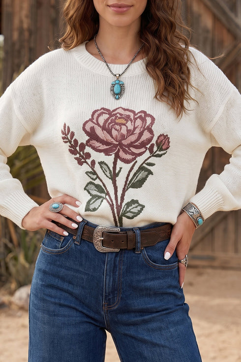 Western Floral Drop Shoulder Lightweight Knit Pullover Sweater