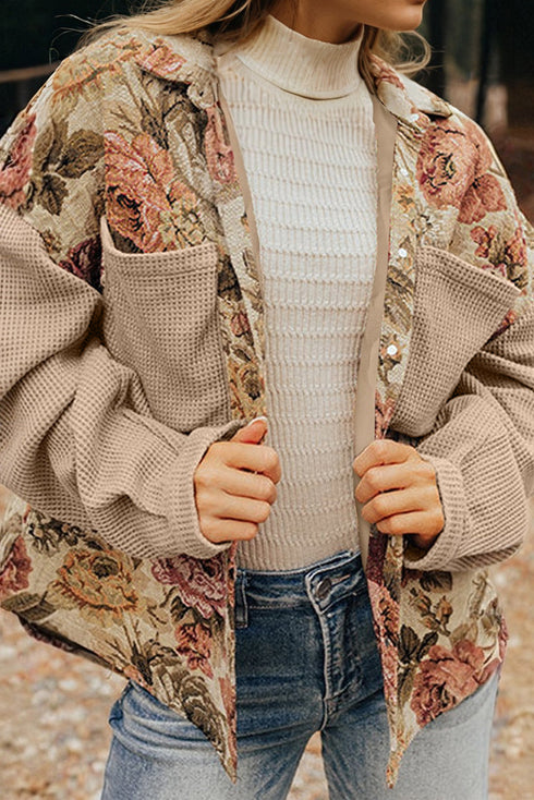 Western Floral Patchwork Waffle Knit Buttoned Jacket