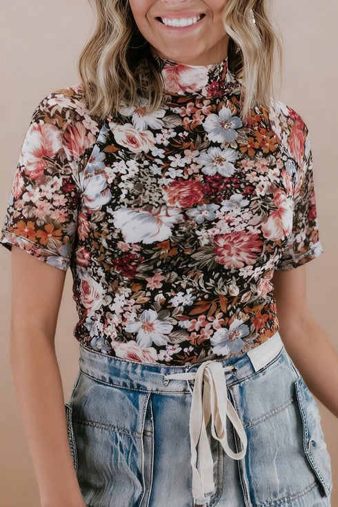 Western Floral Print High Neck Short Sleeve Sheer Mesh Top