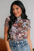Western Floral Print High Neck Short Sleeve Sheer Mesh Top
