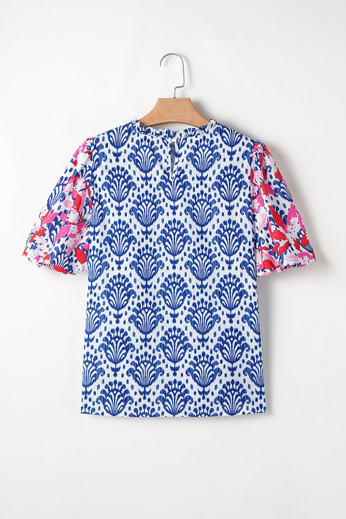 Western Floral Print Puff Sleeve Frilled Neck Blouse