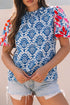 Western Floral Print Puff Sleeve Frilled Neck Blouse