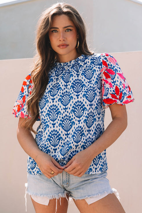 Western Floral Print Puff Sleeve Frilled Neck Blouse