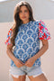 Western Floral Print Puff Sleeve Frilled Neck Blouse
