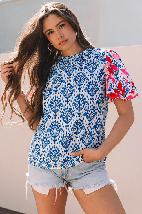 Western Floral Print Puff Sleeve Frilled Neck Blouse