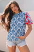 Western Floral Print Puff Sleeve Frilled Neck Blouse