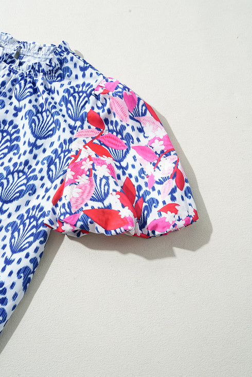 Western Floral Print Puff Sleeve Frilled Neck Blouse