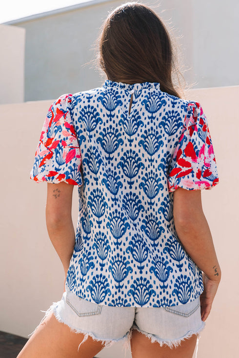 Western Floral Print Puff Sleeve Frilled Neck Blouse