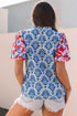 Western Floral Print Puff Sleeve Frilled Neck Blouse