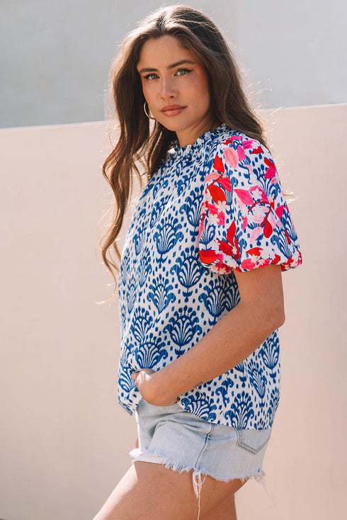 Western Floral Print Puff Sleeve Frilled Neck Blouse