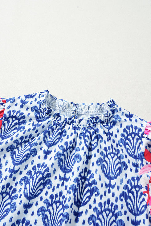 Western Floral Print Puff Sleeve Frilled Neck Blouse