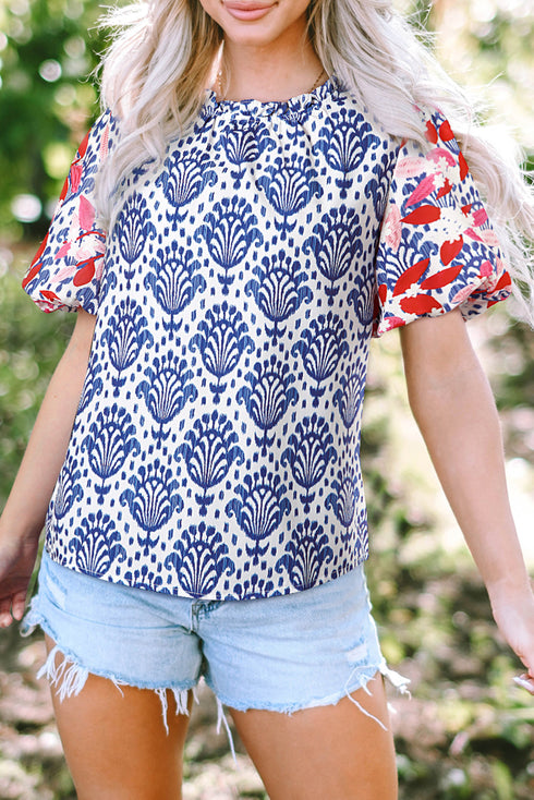 Western Floral Print Puff Sleeve Frilled Neck Blouse