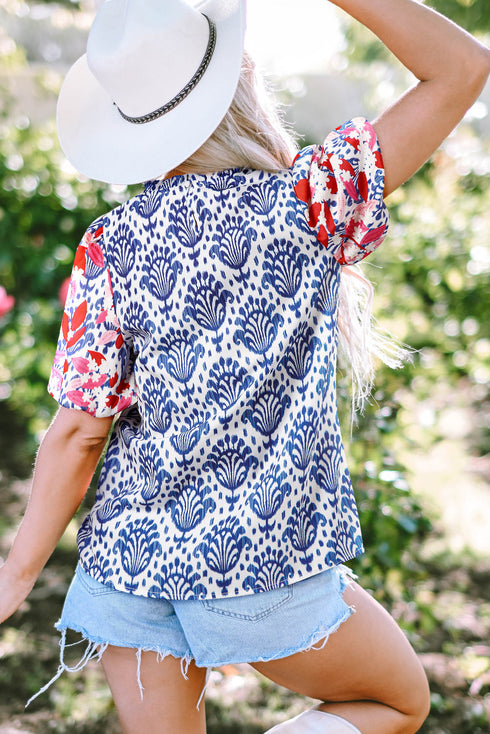 Western Floral Print Puff Sleeve Frilled Neck Blouse