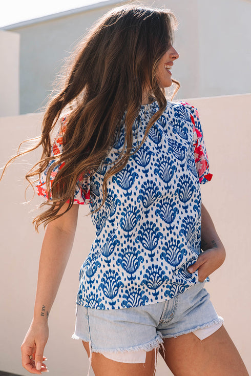 Western Floral Print Puff Sleeve Frilled Neck Blouse