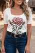 Western Floral Print Square Collar Short Sleeve Knit Sweater