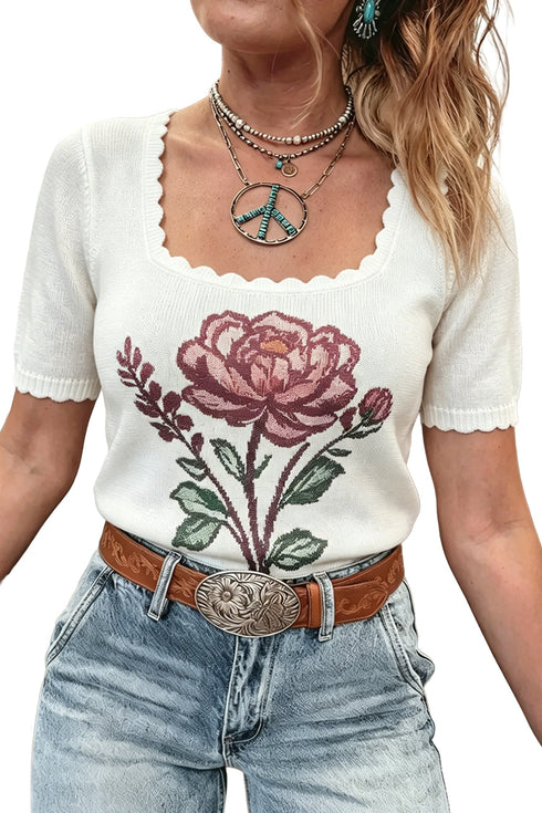 Western Floral Print Square Collar Short Sleeve Knit Sweater