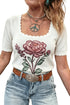 Western Floral Print Square Collar Short Sleeve Knit Sweater